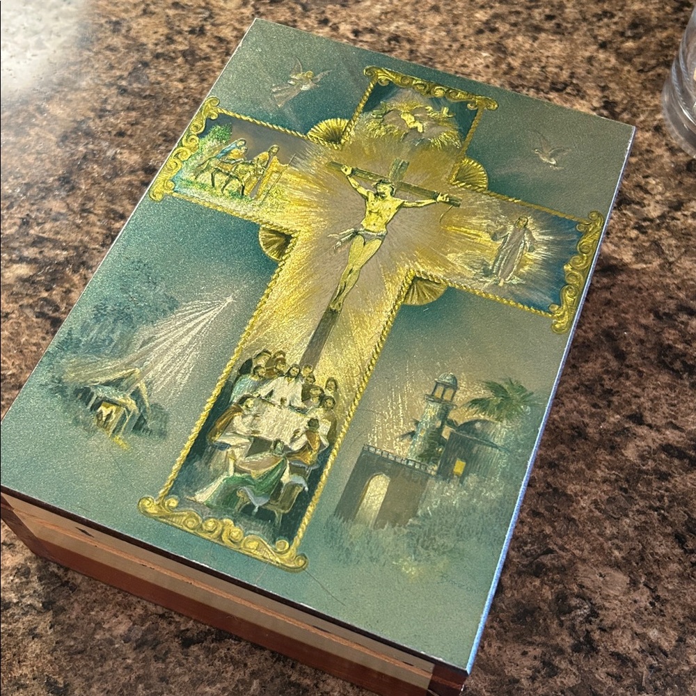 “Living Cross” Foil Print Cedar Wood Jewelry Trinket Box